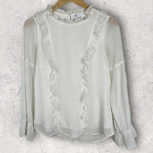 Nordstrom DR2 White Lace Swiss Dot Blouse Size Small Ruffle Front Long Sleeve‎ S - Picture 1 of 8